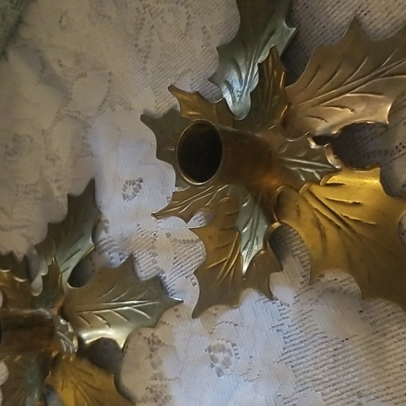 Vintage Brass Leaf Candlestick Holder-Made in India-Set of 2 - Picture 3 of 11